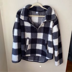 Black and white buffalo check Sherpa quarter zip
